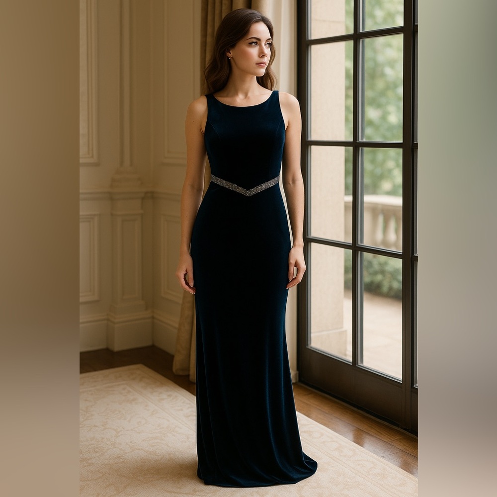 SALE! MARINA SZ 12 vintage dark teal backless velvet gown w crystal band.  NWT